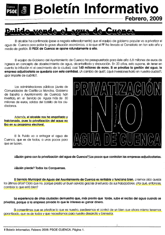 panfleto psoe 2009 contra privatización agua SUBRAYADO